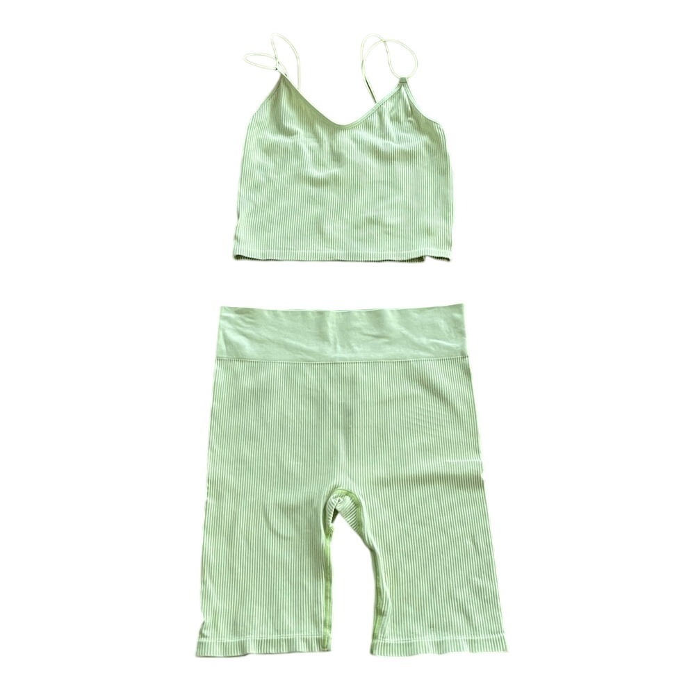 H&M Ribbed Crop Cami & Bike Shorts‎ Set Light Green Medium